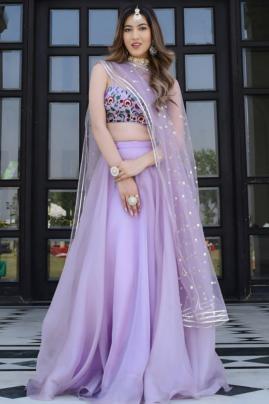 Elegant Lavender Organza Designer Lehenga Choli with Embroidered Work and Dupatta