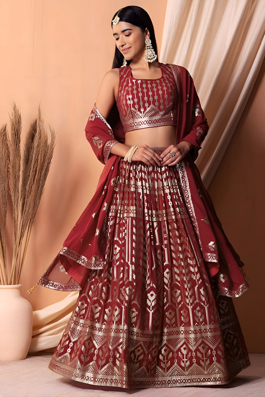 Fancy Maroon Embroidered Georgette Wedding Lehenga Choli with Matching Dupatta