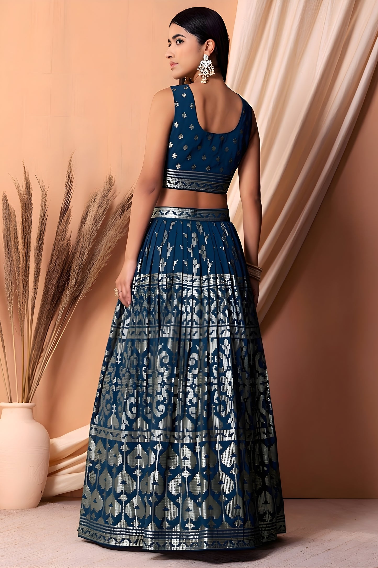 Latest Navy Blue Sequin Embroidered Georgette Wedding Lehenga Choli