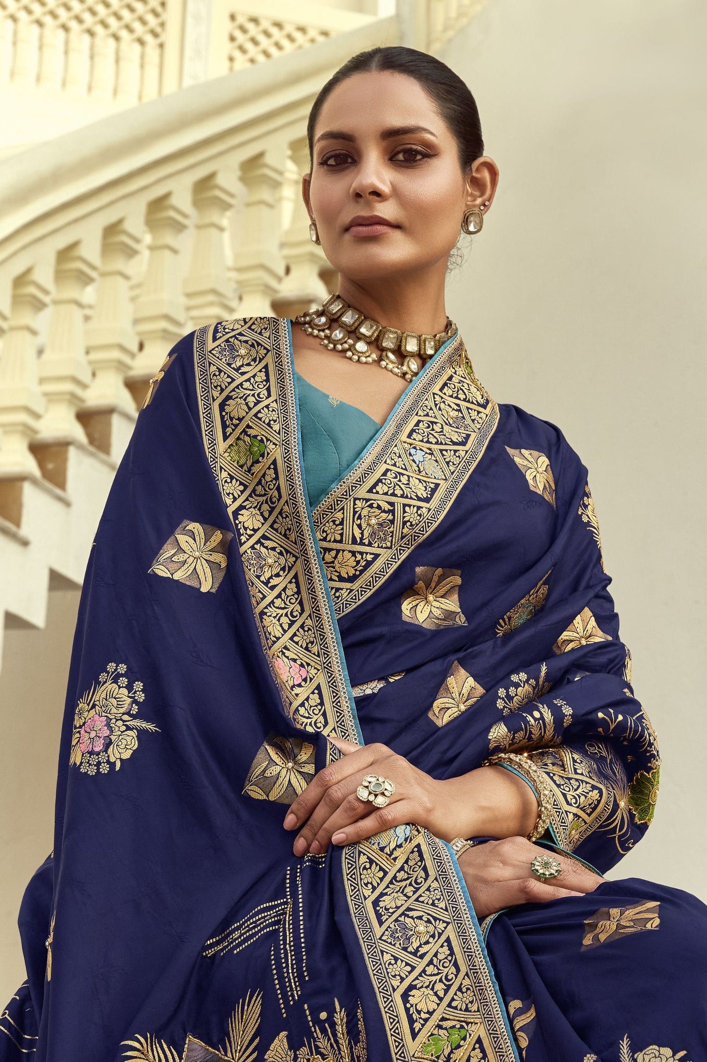 Royal Navy Blue Silk Saree Multicolor Floral Gold Zari Designer Border