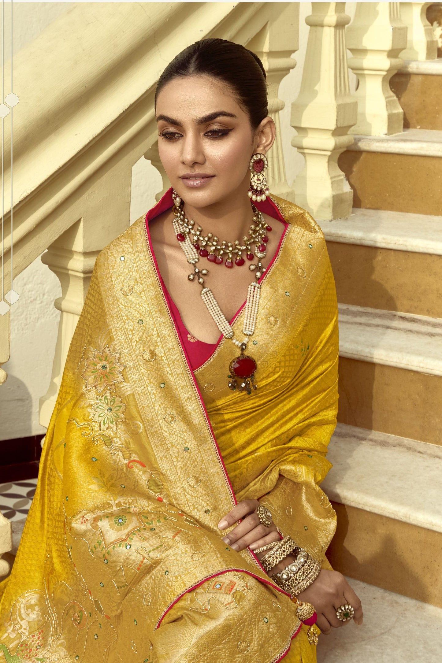Mustard Yellow Silk Saree Intricate Zari Traditional Motifs Festive Wear Saree