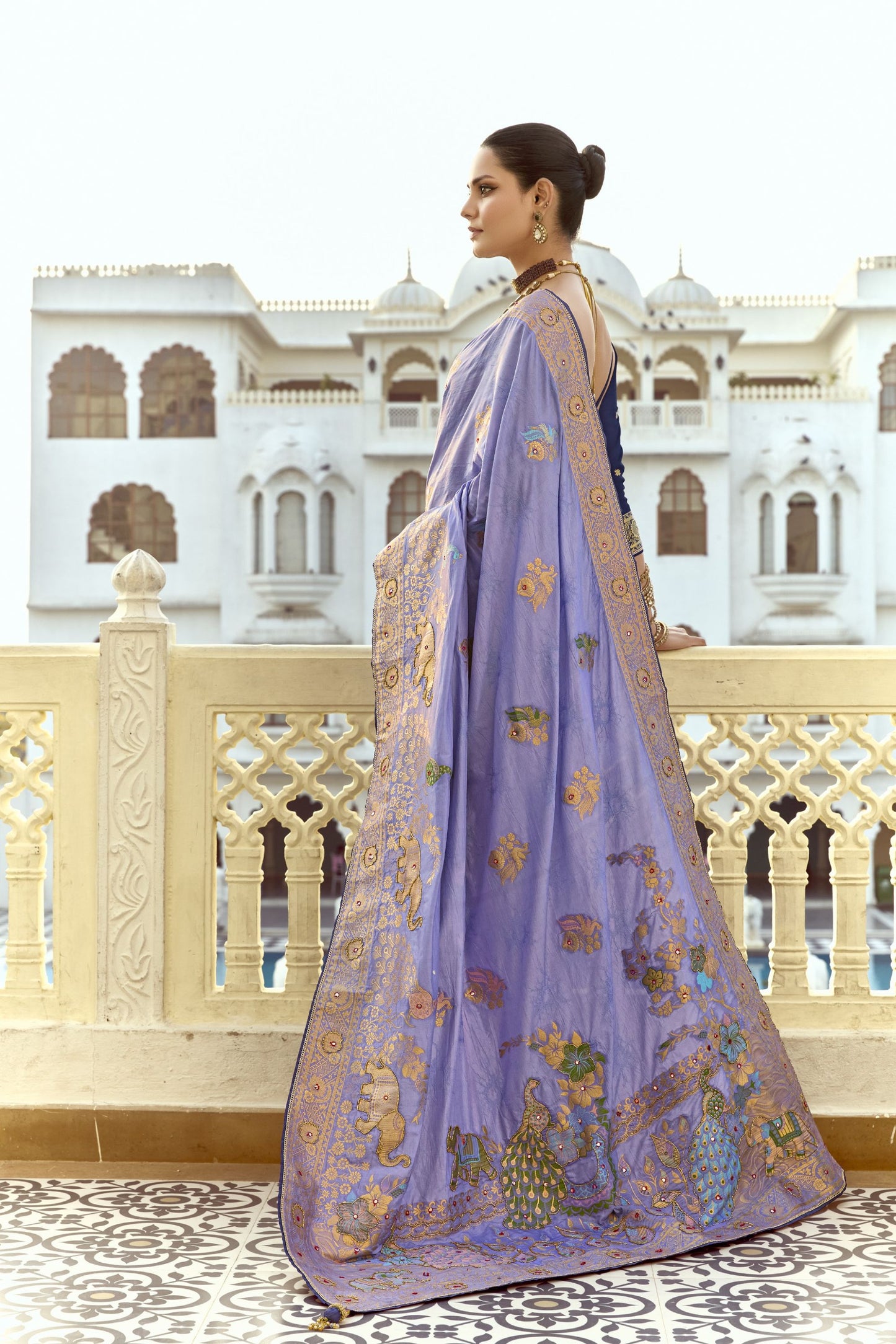 Lavender Banarasi Silk Saree Heavy Golden Zari Peacock Elephant Border