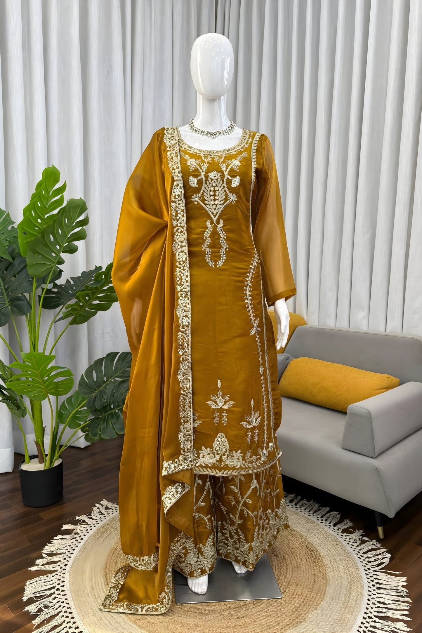 Designer Mustard Yellow JMC Silk Embroidered Readymade Palazzo Suit with Dupatta