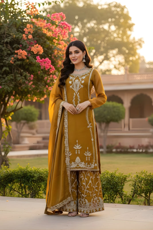 Designer Mustard Yellow JMC Silk Embroidered Readymade Palazzo Suit with Dupatta