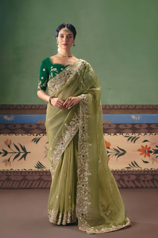 Olive Green Organza Saree Heavy Zari Embroidery Border Designer Blouse