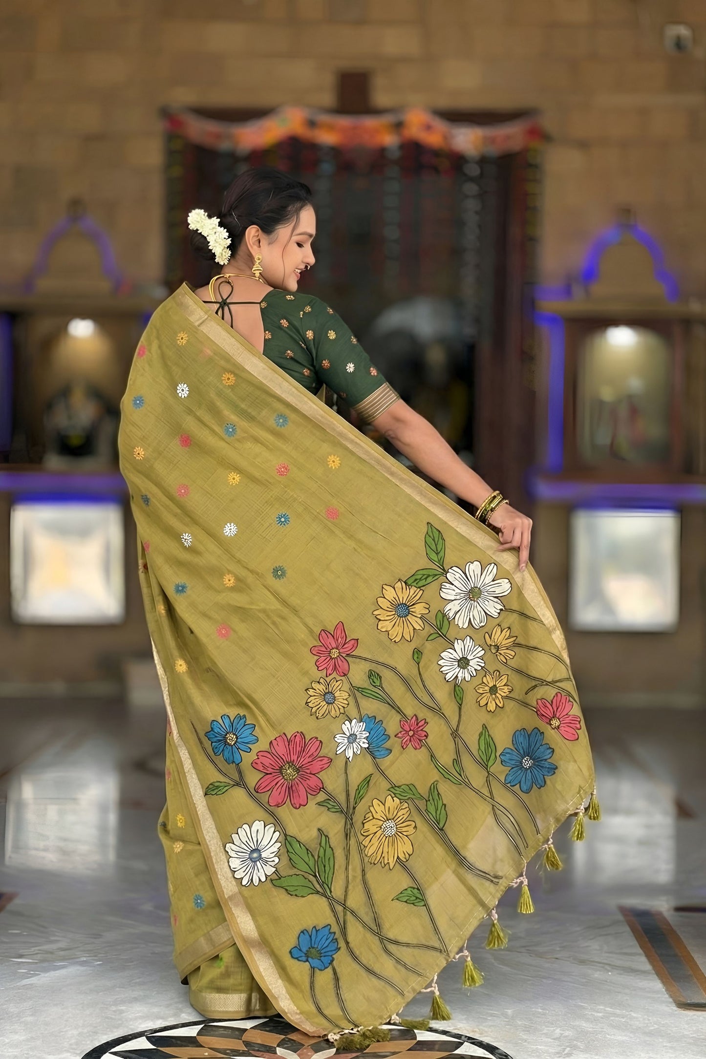 Olive Green Linen Silk Saree with Multicolor Floral Print Woven Border