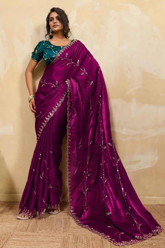 Magenta Silk Saree with Silver Zari Embroidery Green Designer Blouse