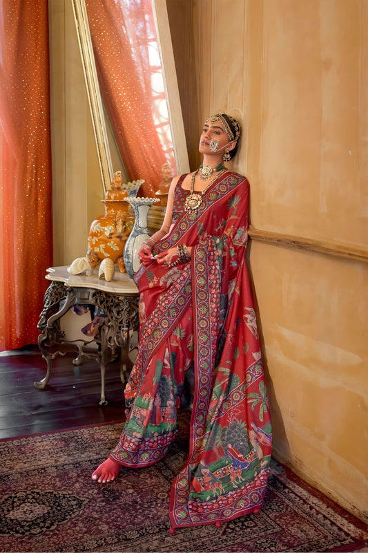 Red Designer Silk Saree with Traditional Rajasthani Print Border