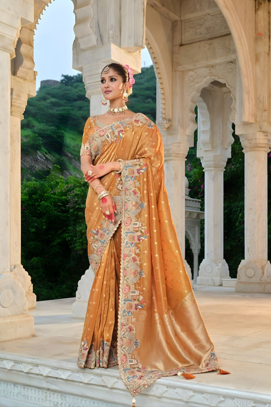Mustard Gold Embroidered Silk Saree Festive Wear Designer Saree