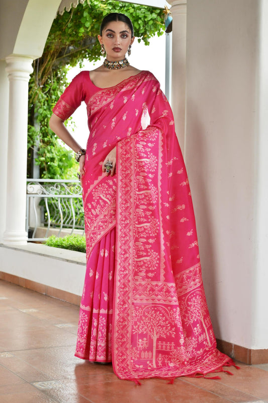 Rani Pink Cotton Silk Saree with Traditional Woven Border