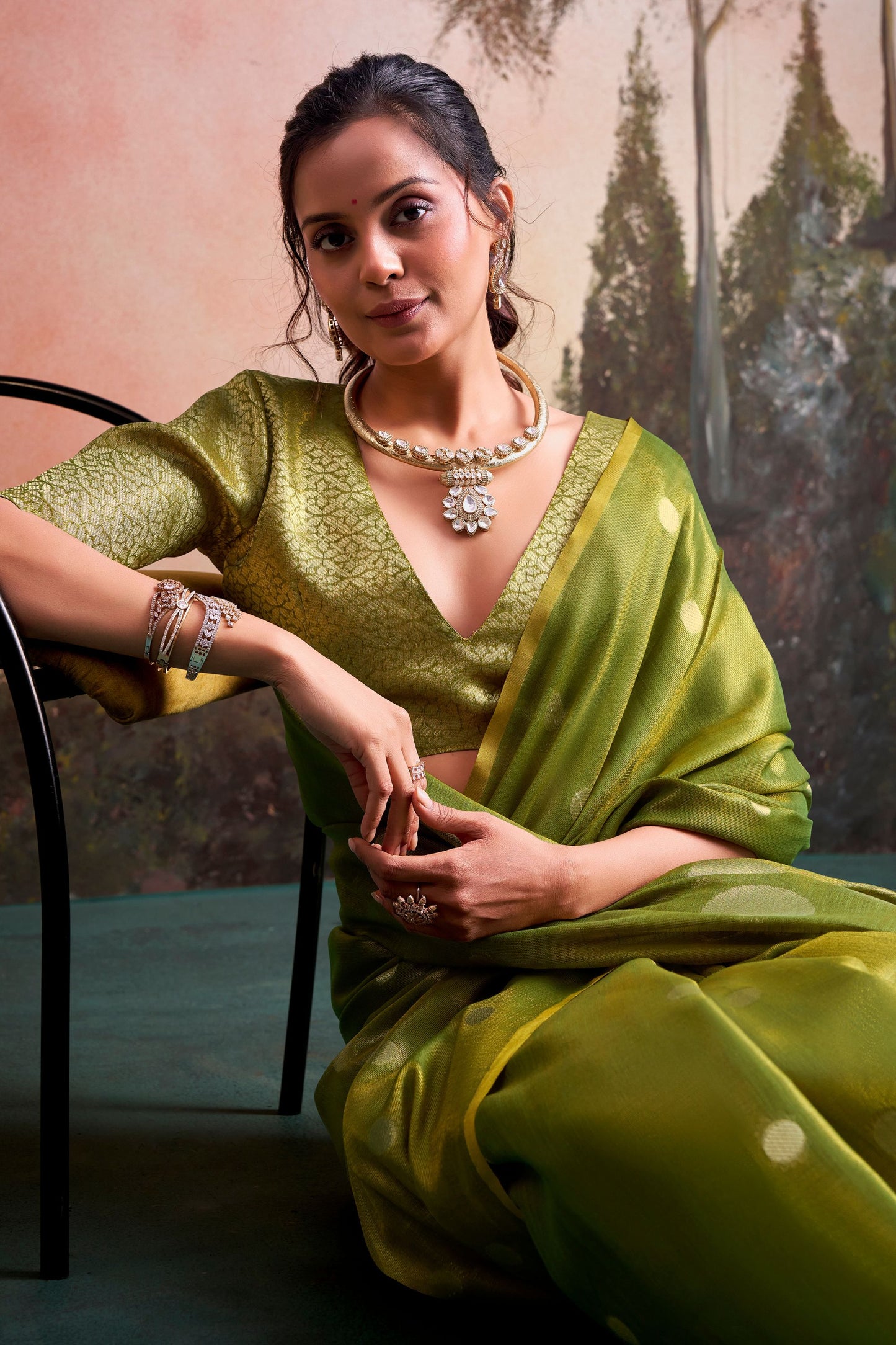 Olive Green Silk Saree with Zari Polka Dot Weaving Designer Saree