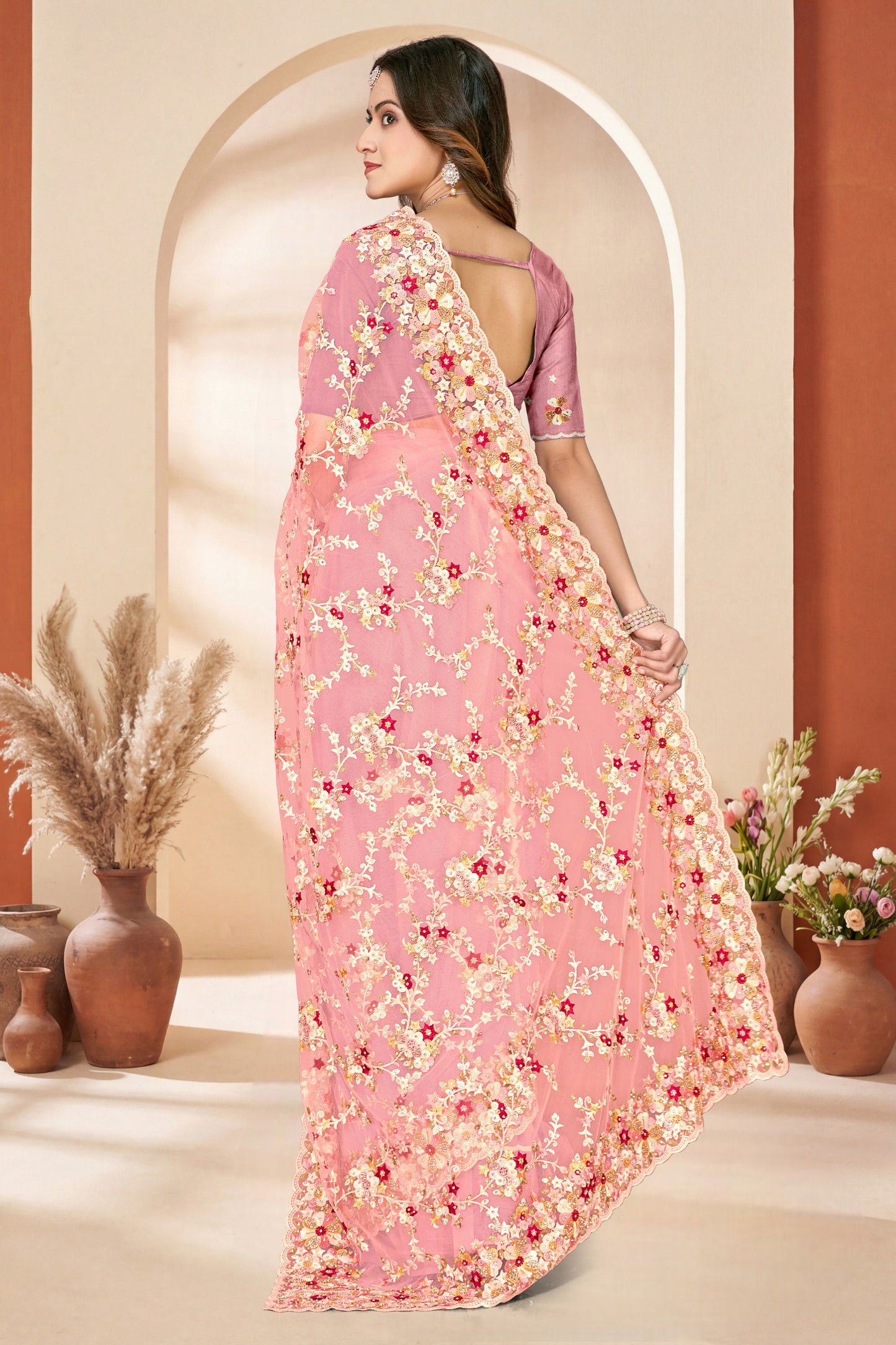 Designer Dusty Pink Net Floral Embroidered Saree Heavy Border Blouse