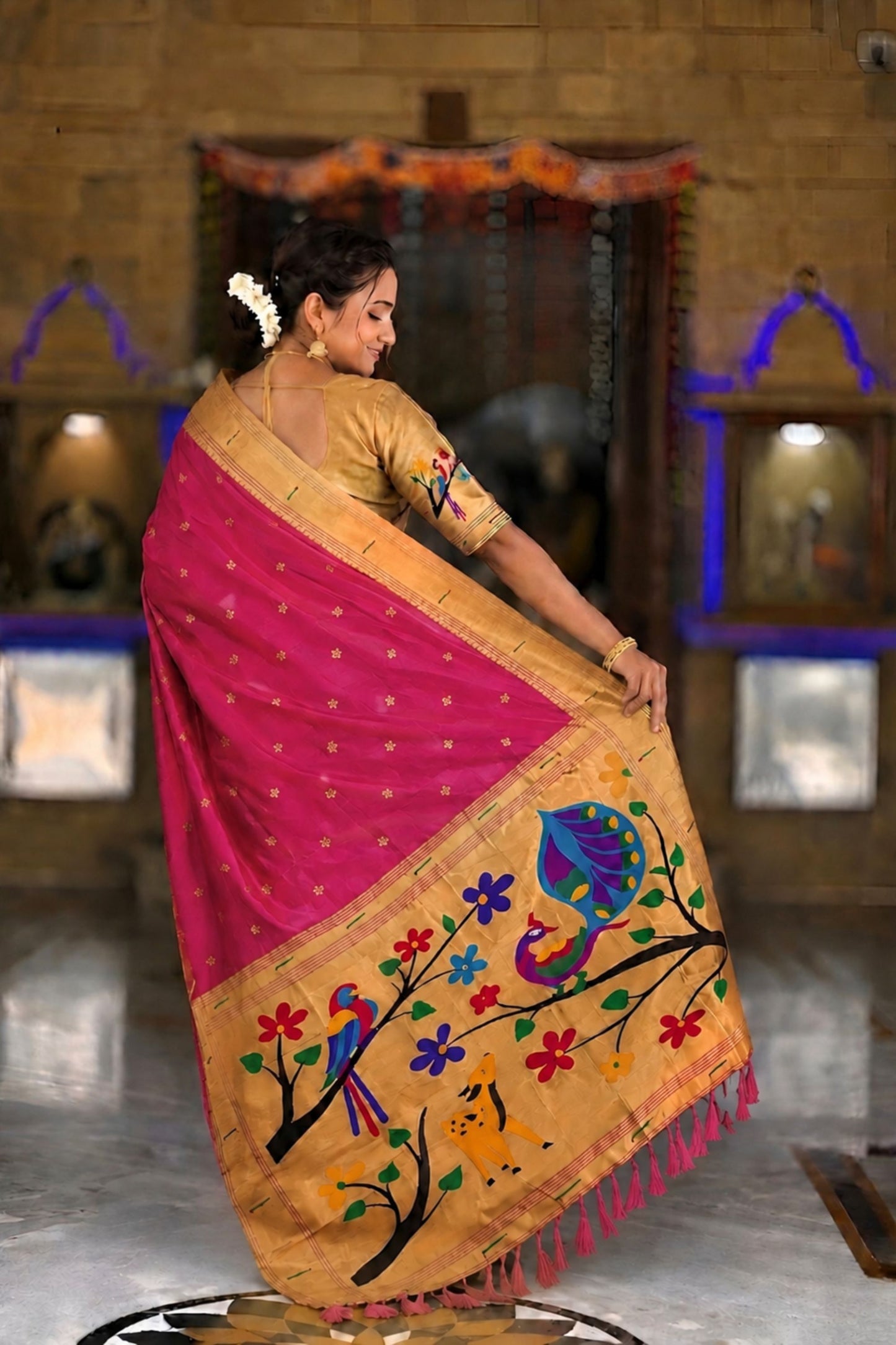 Rani Pink Cotton Silk Saree Golden Border Peacock Floral Designer Pallu