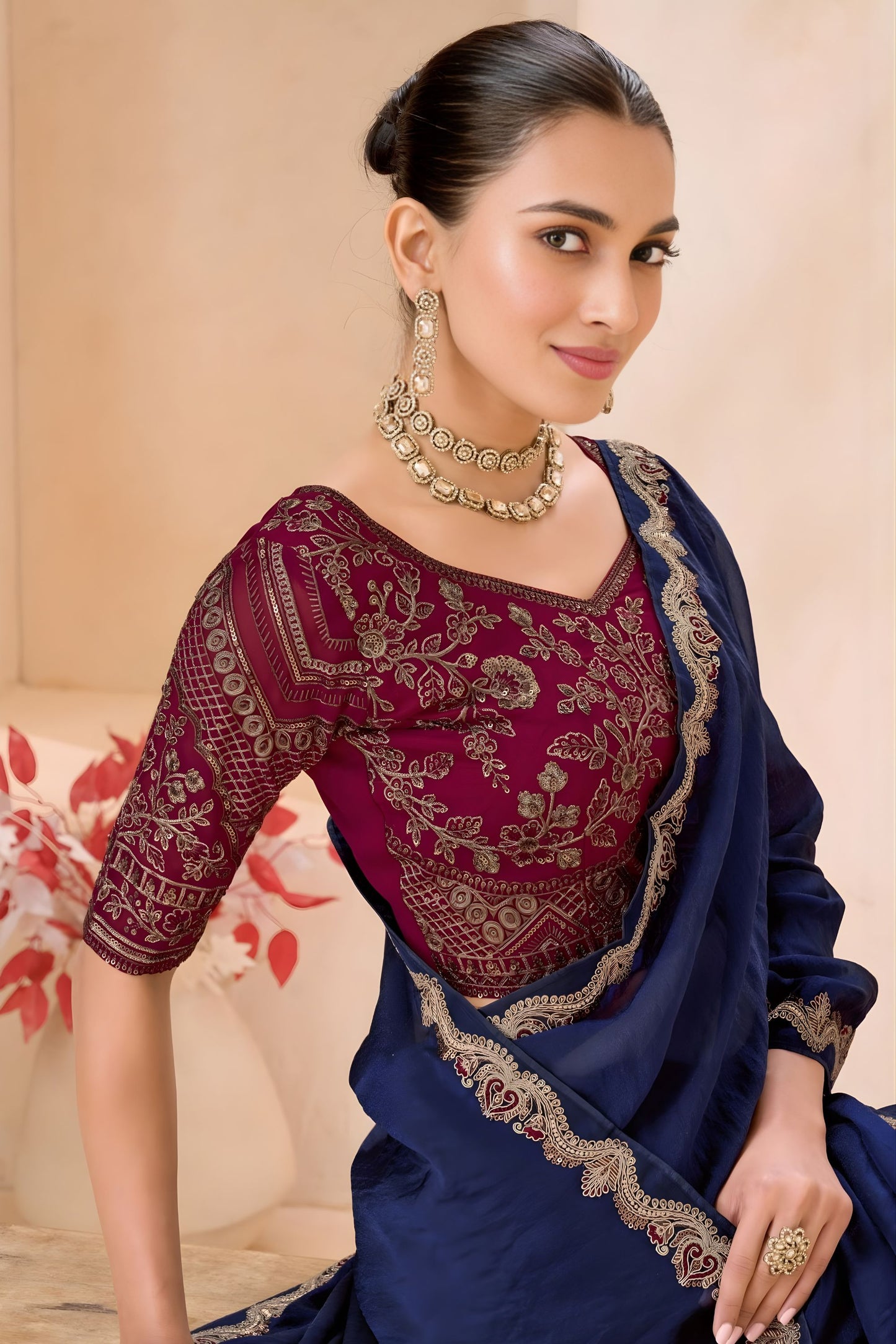 Navy Blue Silk Saree Designer Embroidered Border Party Wear Saree