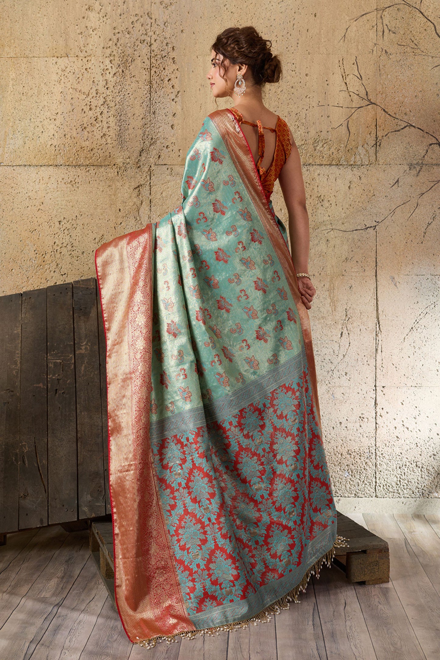 Aqua Blue Banarasi Silk Saree Red Zari Border and Floral Weaving Saree