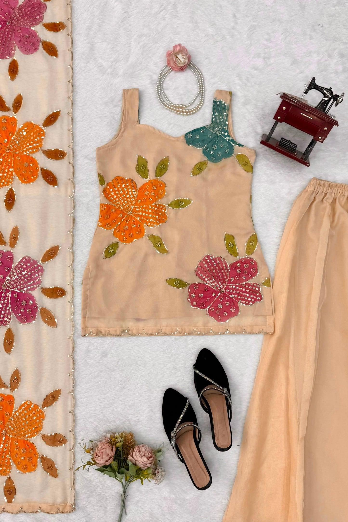 Luxury Beige Organza Silk Plain Palazzo Suit Floral Embroidered Dupatta