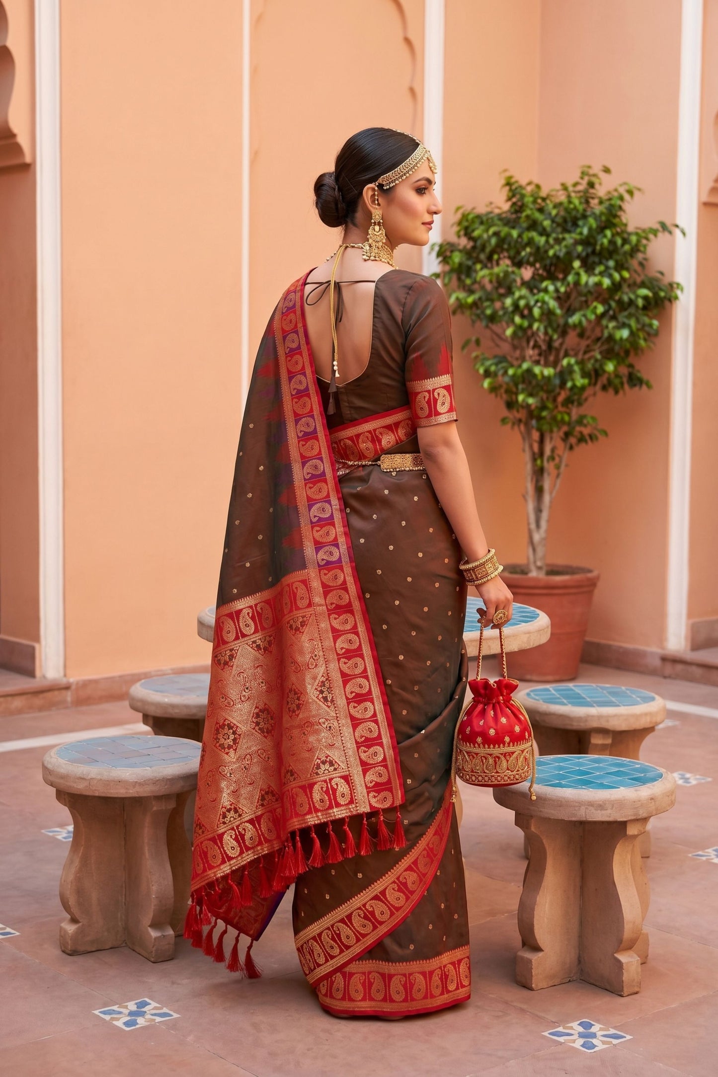 Olive Green Silk Saree Red Contrast Border Zari Weaving Festive Wear