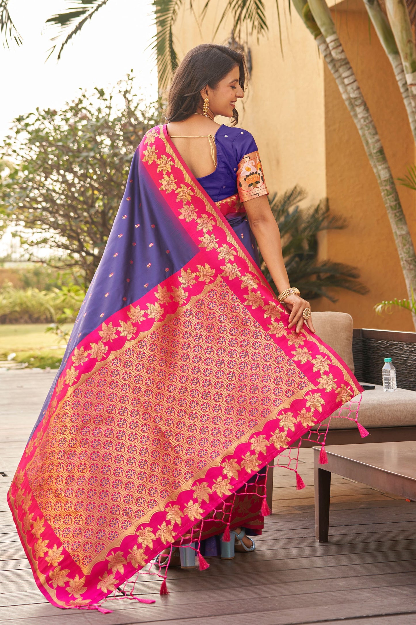 Royal Purple Silk Saree with Pink Contrast Border Floral Zari Work