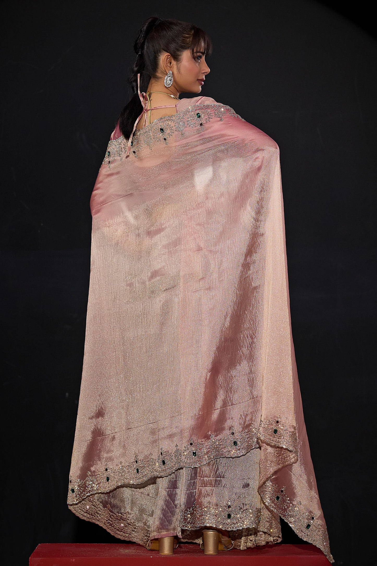 Dusty Pink Shimmer Silk Saree with Heavy Stone Zari Embroidered Border