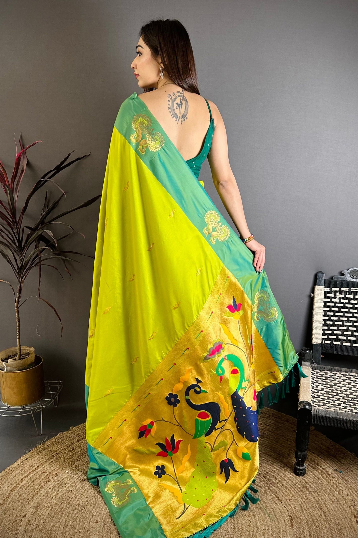 Lime Green Soft Silk Saree with Contrast Aqua Border Designer Pallu