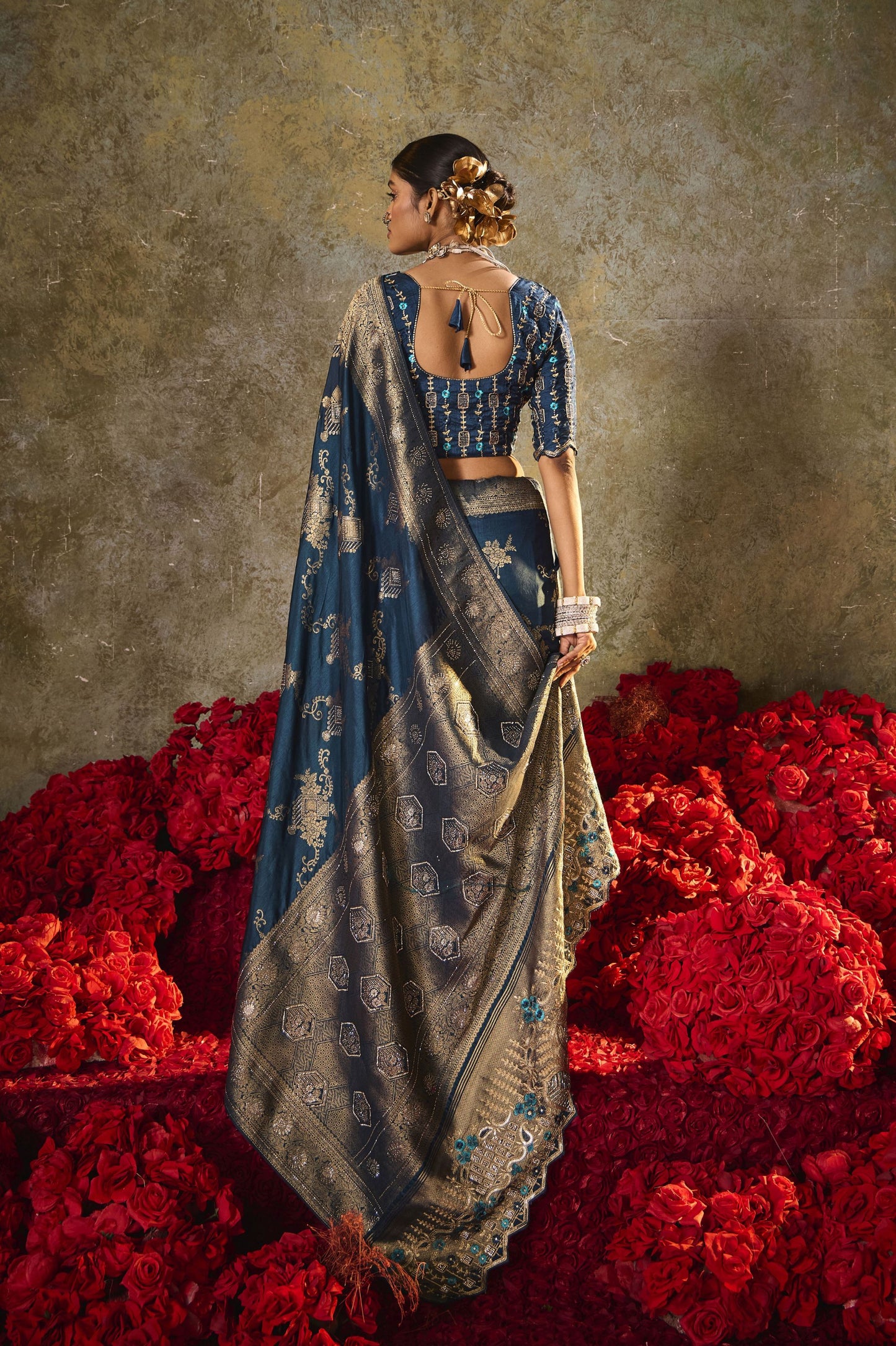 Teal Blue Banarasi Silk Saree Heavy Gold Zari Weaving Embroidered Blouse