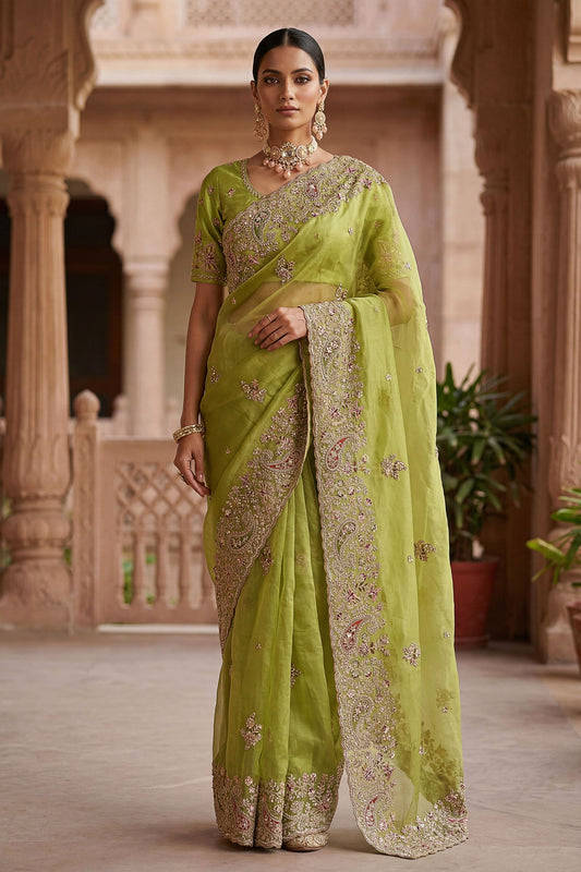 Pista Green Organza Silk Saree Heavy Embroidery Designer Border