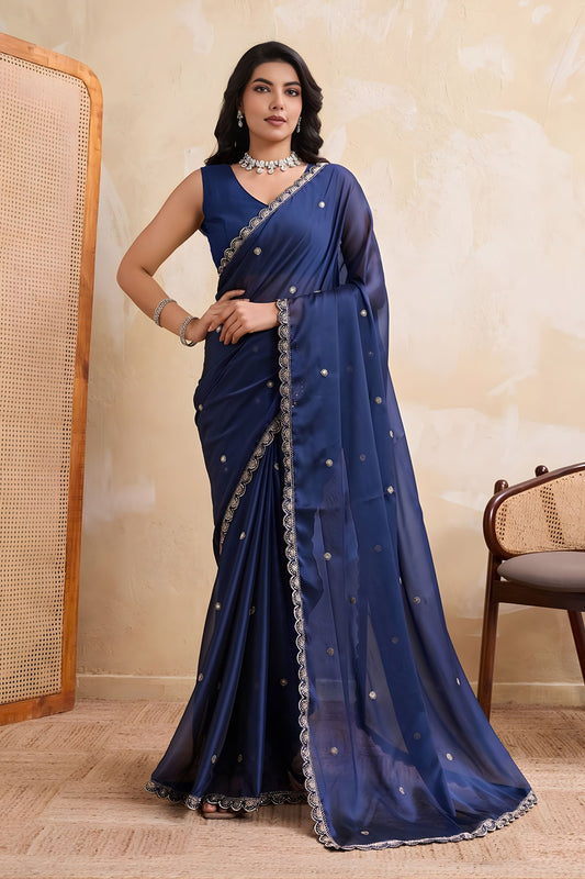 Navy Blue Georgette Saree with Silver Zari Border Butti Work