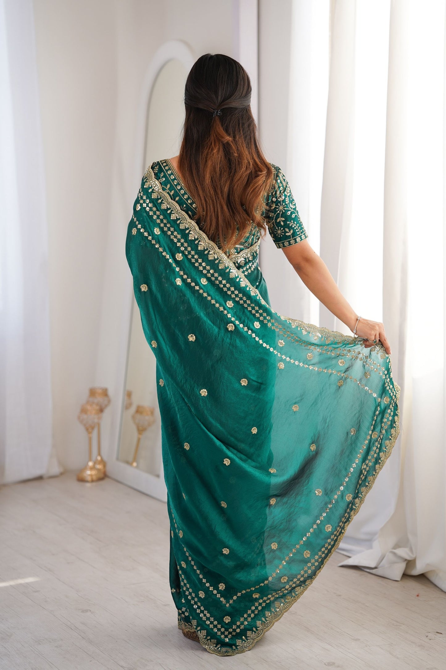 Luxury Teal Green Organza Silk Saree with Golden Embroidered Border
