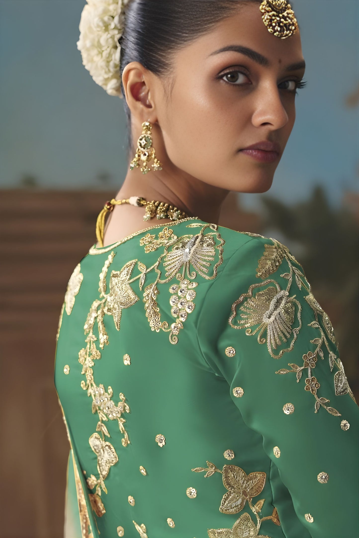 Mint Green White Embroidered Designer Saree with Golden Zari Work