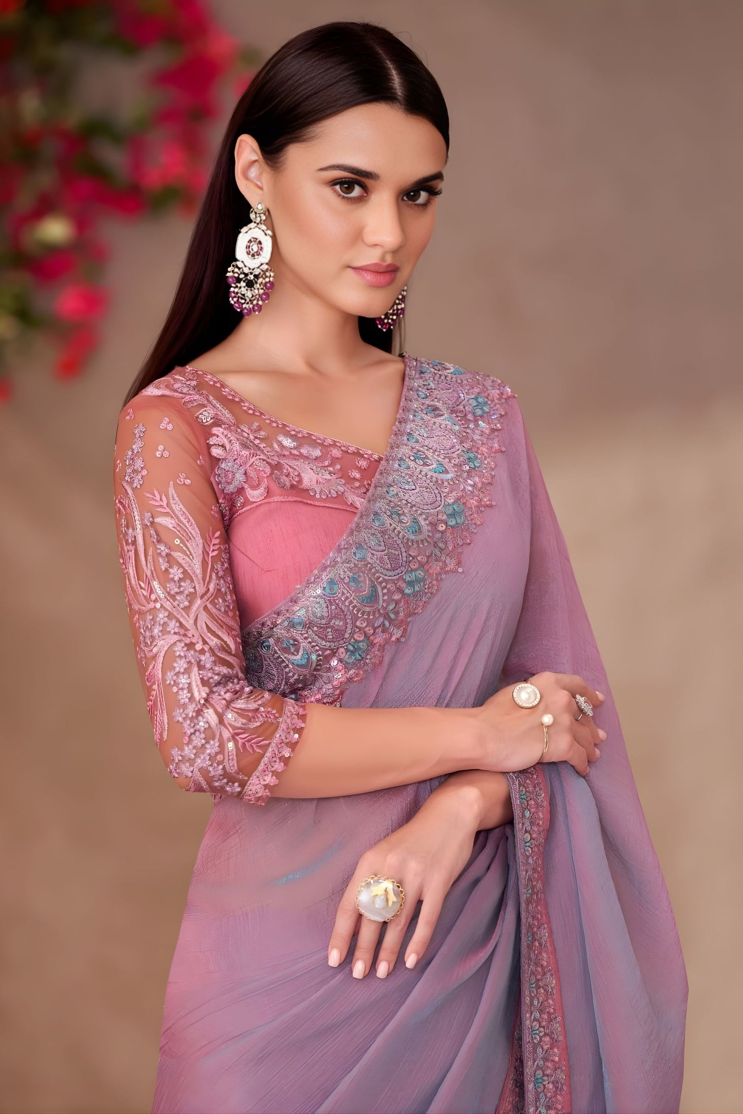 Dusty Rose Mauve Designer Saree with Embroidered Sequin Border