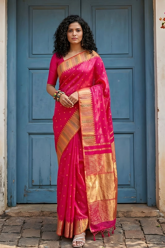 Elegant Rani Pink Silk Saree with Golden Zari Border Buti Design