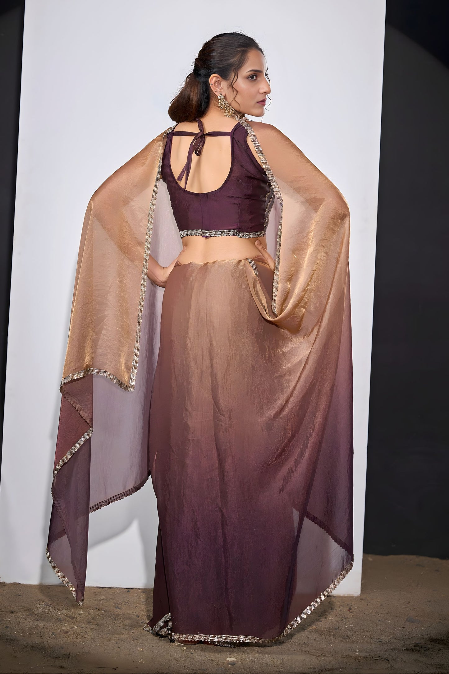 Wine Brown Copper Dual Tone Saree with Designer Border