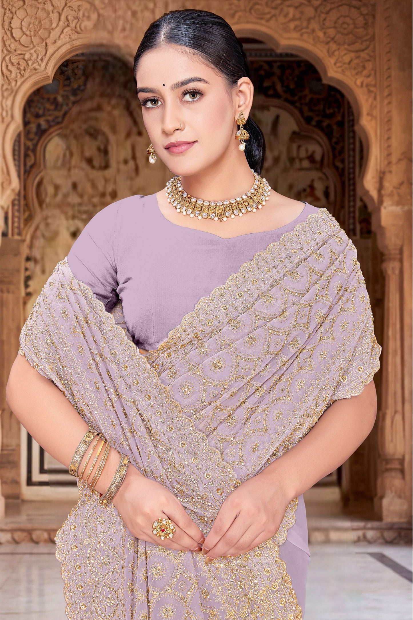 Lavender Georgette Saree Heavy Gold Zari Embroidery Designer Blouse