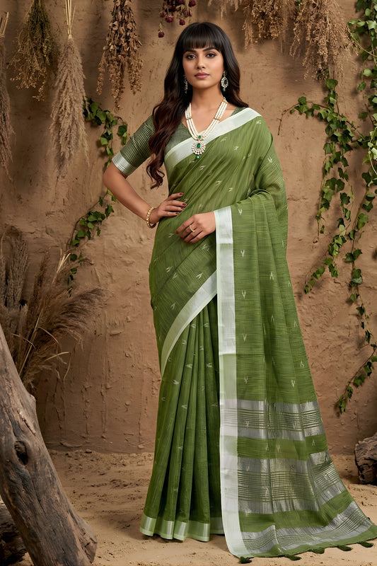 Olive Green Linen Saree with Silver Zari Border Lightweight Saree