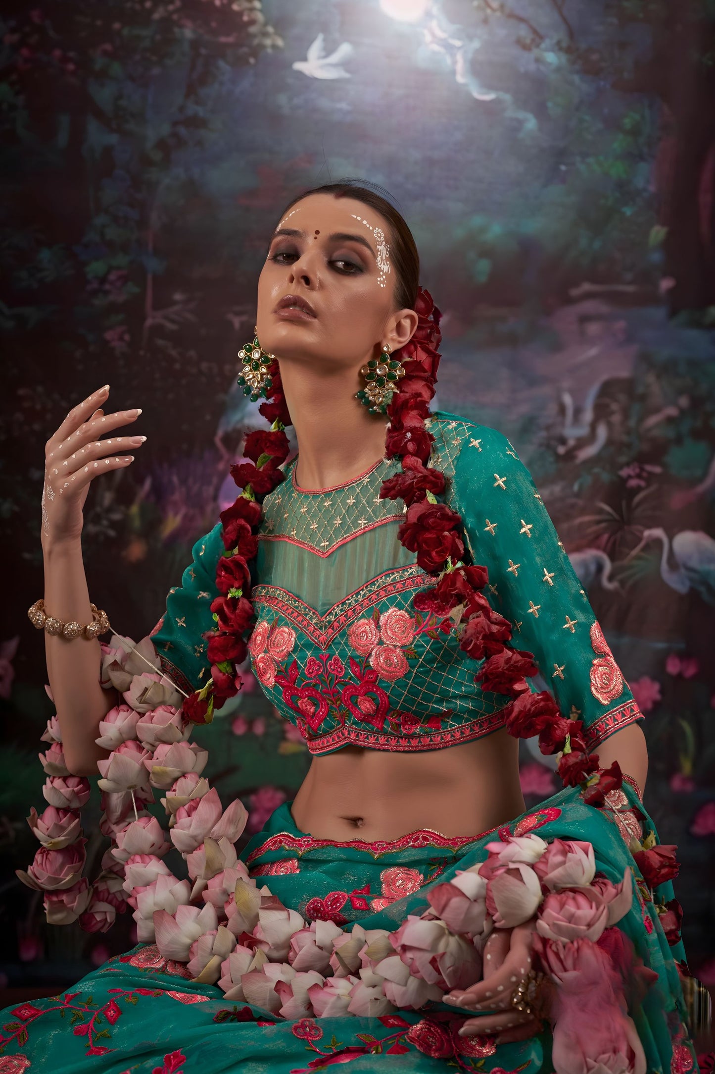 Designer Teal Green Floral Embroidered Saree with Stylish Blouse