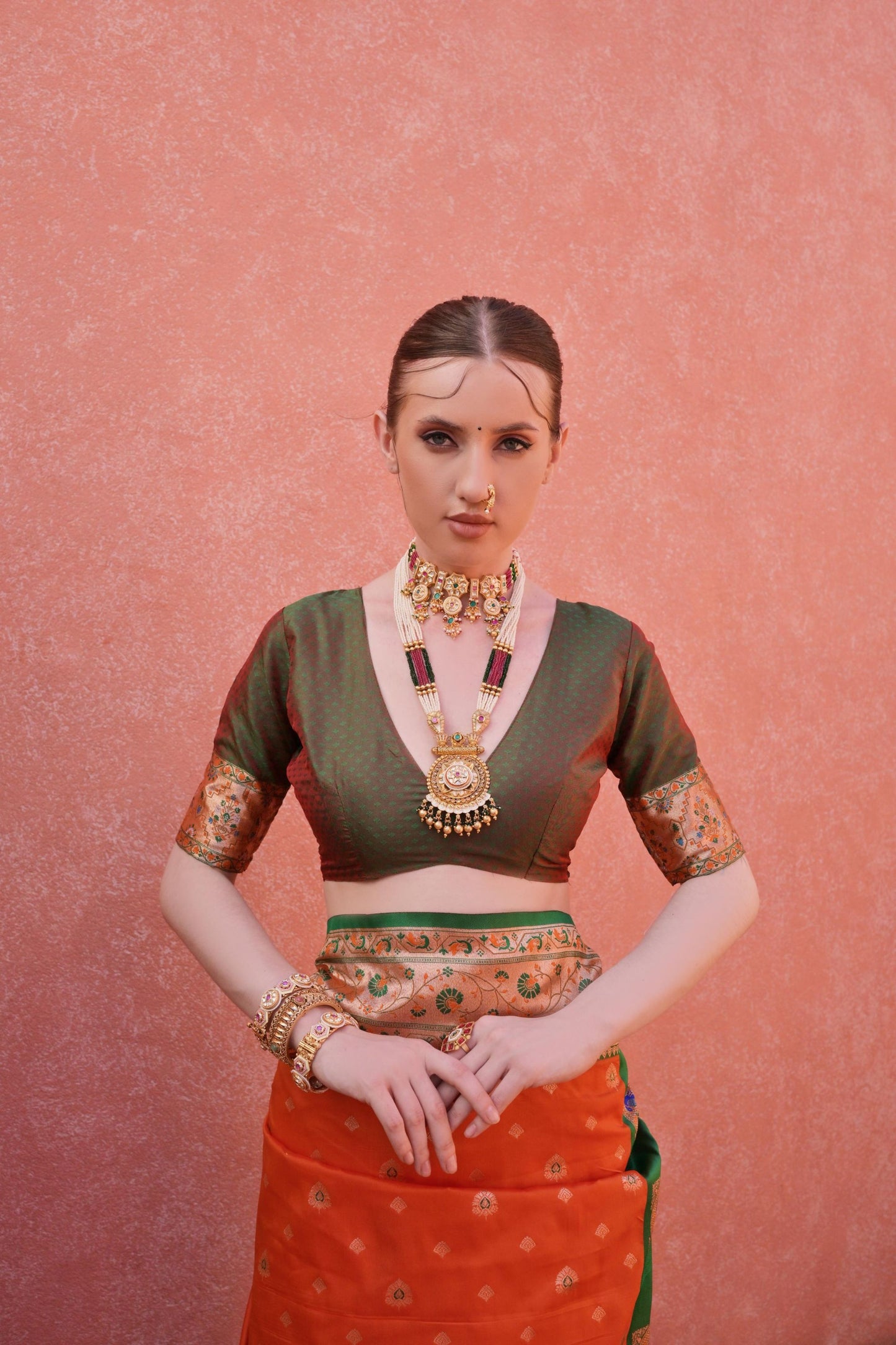 Traditional Orange Green Banarasi Silk Saree Zari Border Rich Designer Pallu