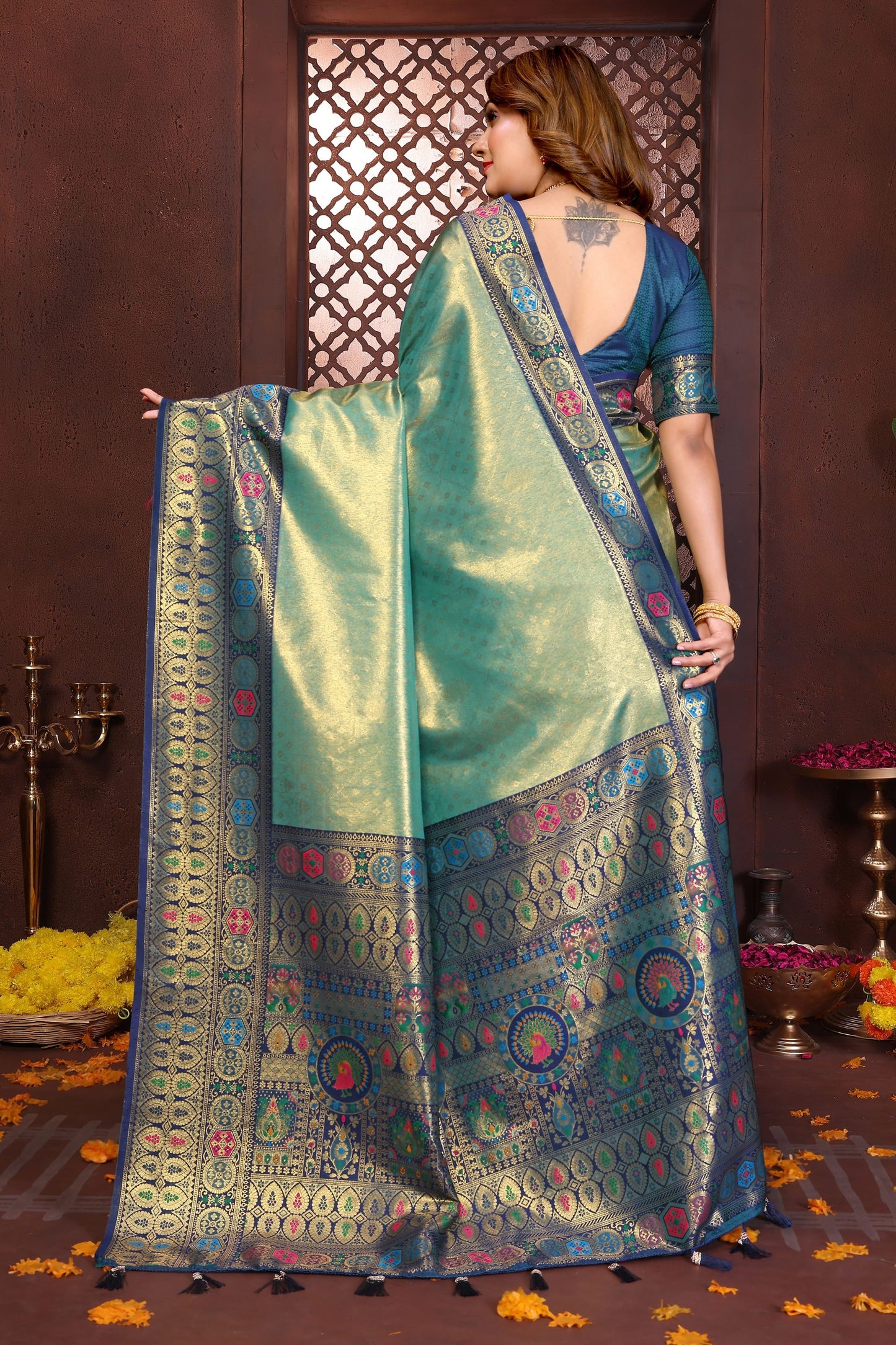 Elegant Sea Green Navy Blue Banarasi Silk Saree and Contrast Border