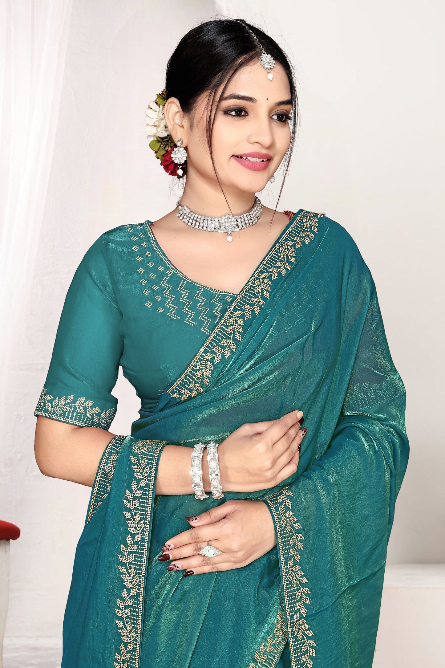 Sea Green Silk Saree with Rich Golden Zari Border Designer Saree
