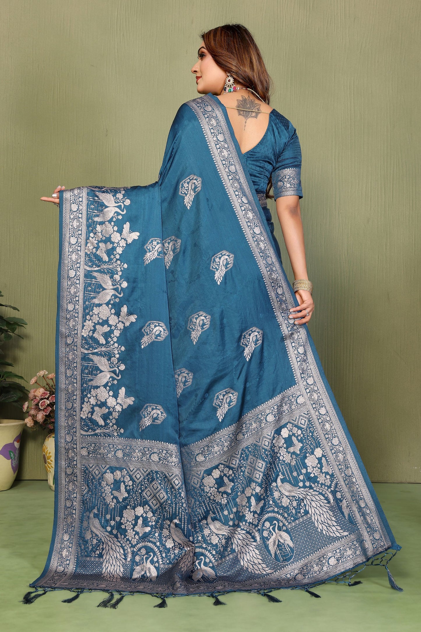 Teal Blue Banarasi Silk Saree Rich Silver Zari Weaving Blouse Piece