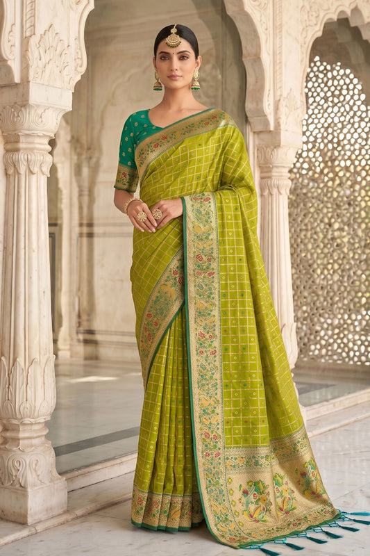 Lime Green Paithani Silk Saree Traditional Zari Border Designer Green Blouse
