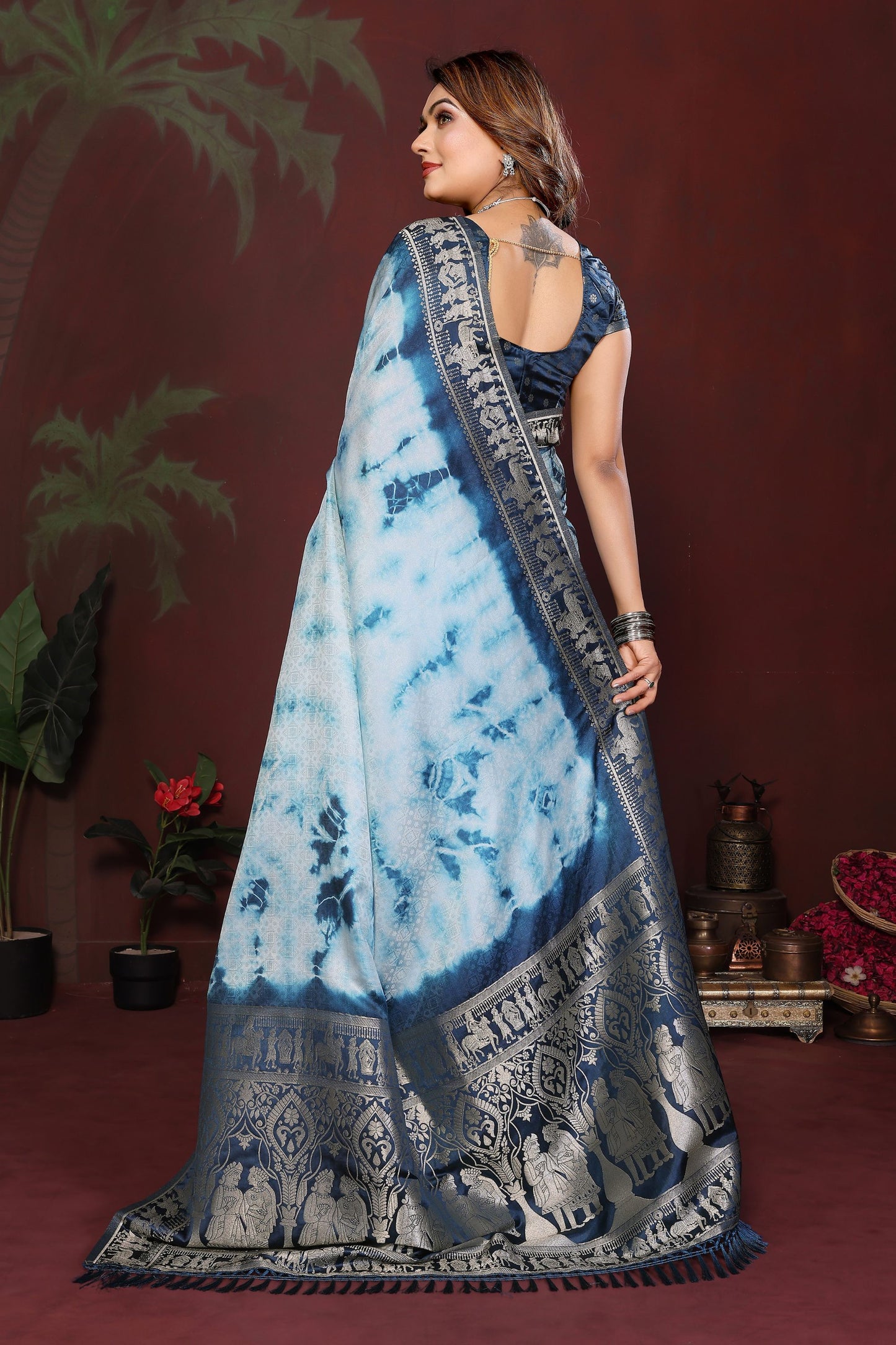 Sky Blue Navy Blue Tie-Dye Silk Saree with Silver Woven Border