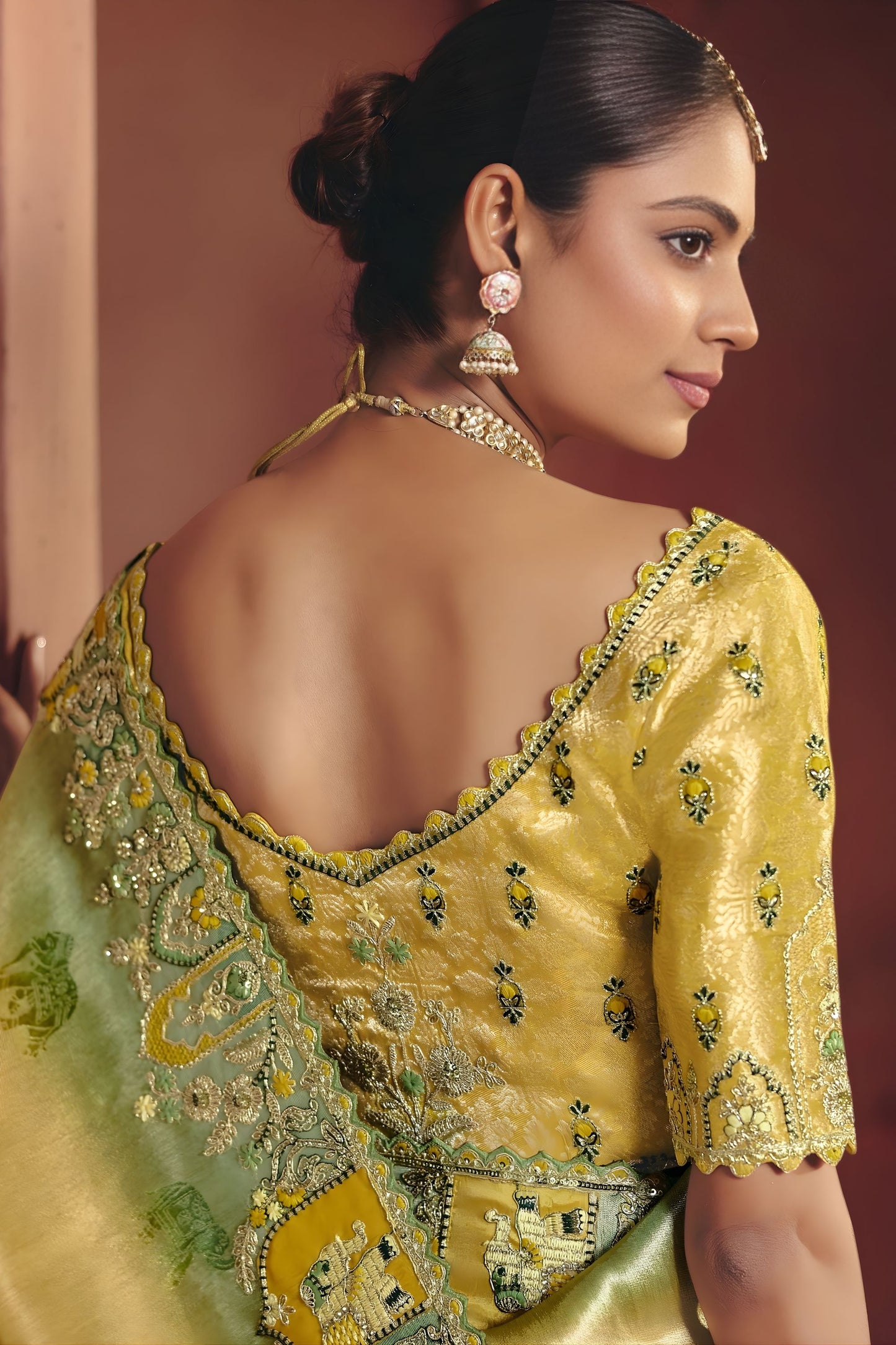 Mustard Yellow Green Dual Tone Silk Saree Heavy Zari Embroidered Border