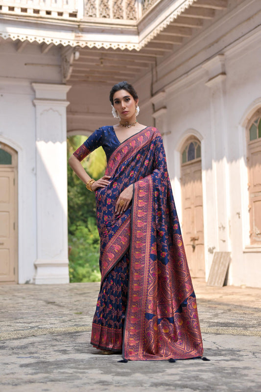 Navy Blue Silk Saree with Pink Paisley Floral Weaving Border