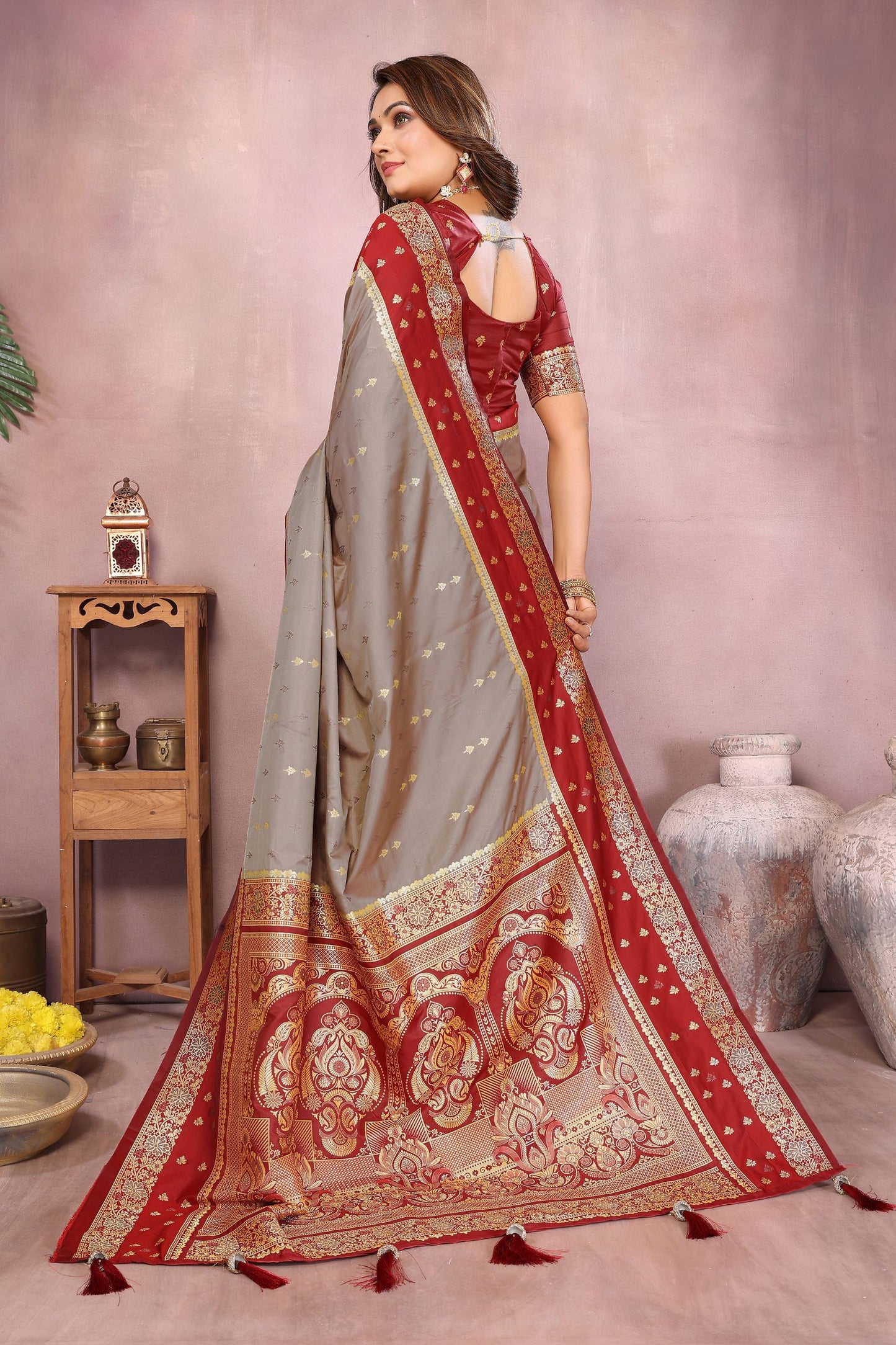 Grey Banarasi Silk Saree with Red Zari Woven Border Traditional Pallu
