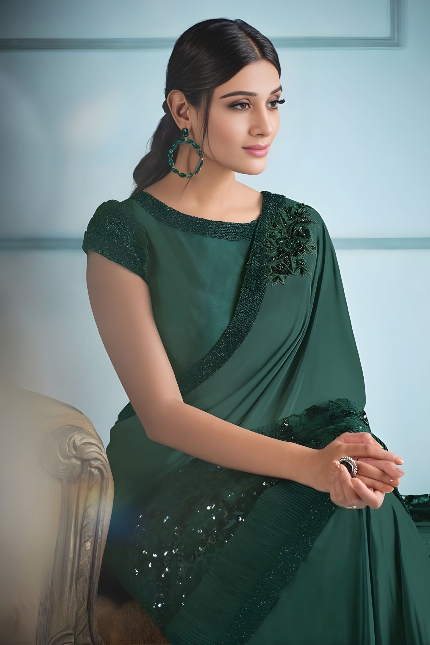 Dark Green Embroidered Georgette Saree with Designer Blouse