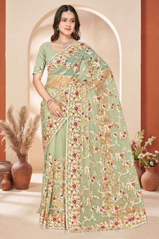 Designer Sage Green Net Floral Embroidered Saree Heavy Border Blouse