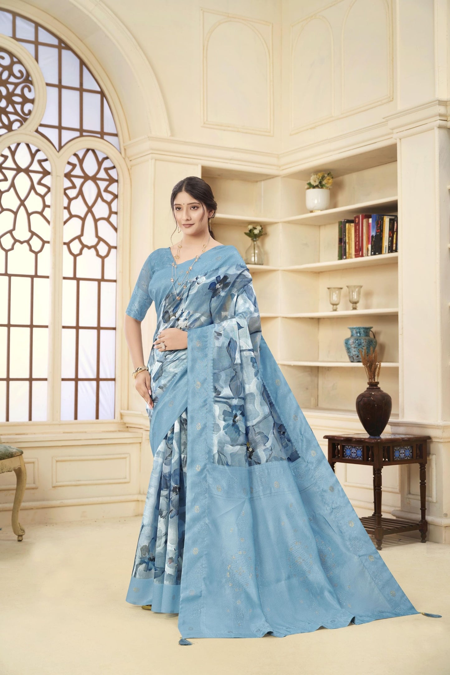 Sky Blue Floral Printed Linen Silk Saree with Zari Highlights and Matching Blouse