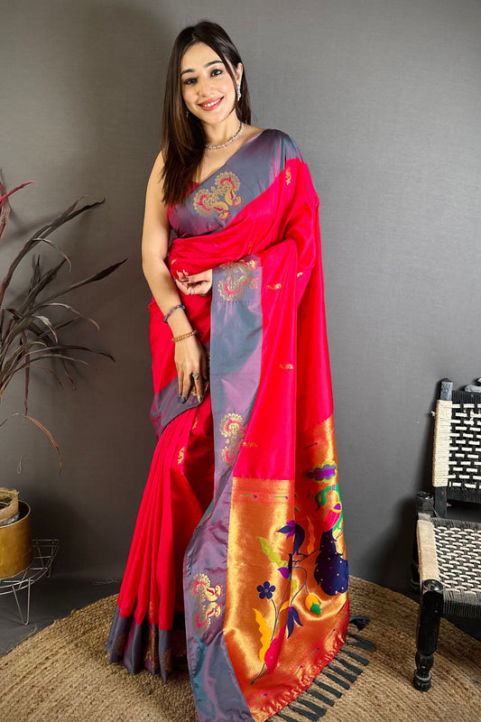 Hot Pink Soft Silk Saree with Grey Border and Designer Pallu