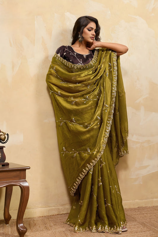 Olive Green Silk Saree with Silver Embroidery Designer Blouse