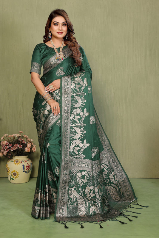 Bottle Green Banarasi Silk Saree Silver Zari Peacock Weaving Blouse Piece